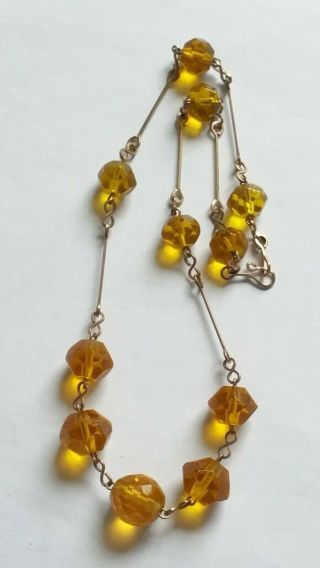 Czech Vintage Art Deco Yellow Faceted Glass Bead Necklace Rolled Gold Wire