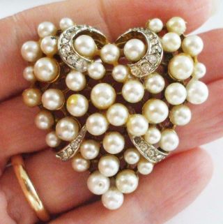 Lovely Vintage Art Heart Pin Brooch W/faux Pearls & Rhinestone Accents
