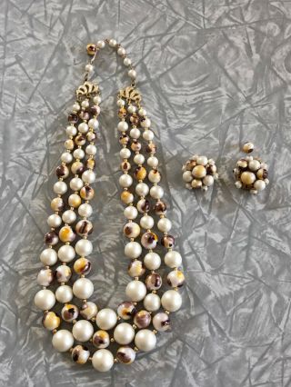 Vintage Costume Jewelry Faux Pearl Multi Colored 3 Strand Necklace,  Clip Earrings