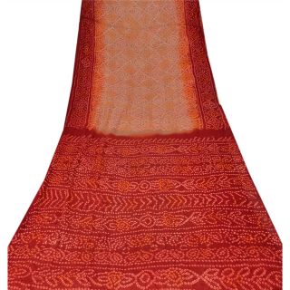 Sanskriti Vintage Dark Red Saree Pure Georgette Silk Bandhani Sari Craft Fabric 3