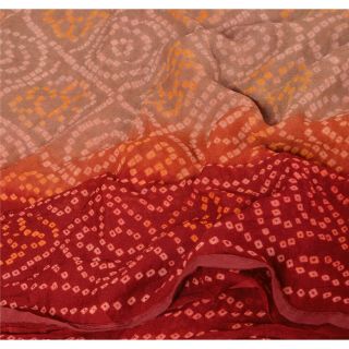 Sanskriti Vintage Dark Red Saree Pure Georgette Silk Bandhani Sari Craft Fabric 5