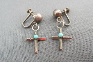 Vintage Mexico Taxco Sterling Dangle Turquoise Sand Cast Cross Dangle Earrings