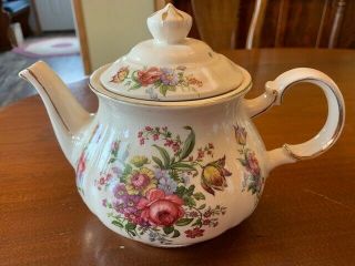 Vtg Sadler England White With Gold,  Pink,  Blue And Purple Floral China Teapot