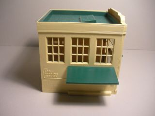 VINTAGE PLASTICVILLE BANK (0700),  BUFF WALLS,  GREEN ROOF/TRIM,  WITH 3