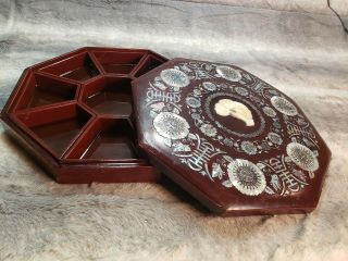 Vintage Mother Of Pearl Inlay Buttlerflies Flowers Lacquered Octagonal Wood Box