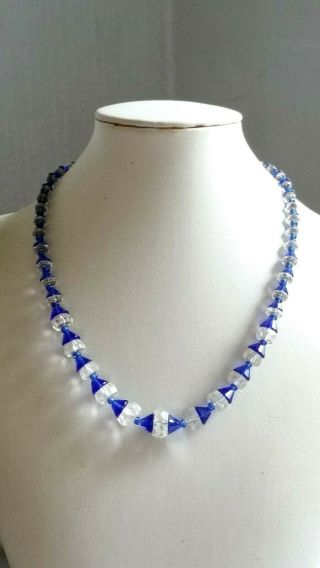Czech Vintage Art Deco Royal Blue And Clear Faceted Glass Bead Necklace