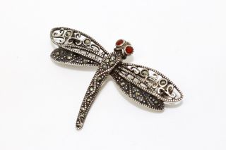 A Vintage Sterling Silver 925 Marcasite & Agate Eyed Dragon Fly Brooch 13164