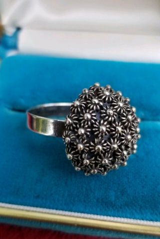 Vtg Early Mexican Sterling Silver 925 Flower Filigree Dome Adjustable Ring