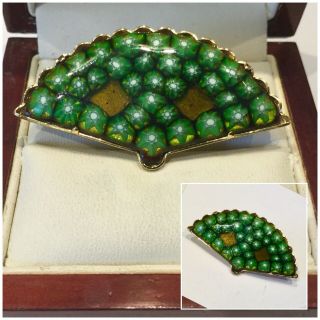 Vintage Jewellery Stunning Gold Plated & Green Millefiori Fan Brooch Dress Pin