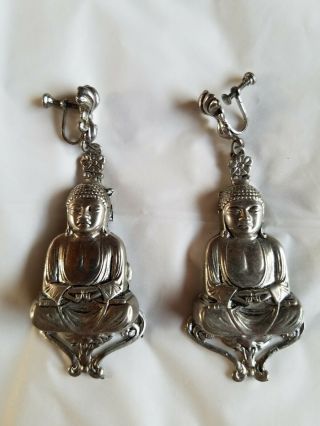 Vtg Huge Silver Tone Buddha 3 1/4 " Dangling Screw Back Earrings Mid Century