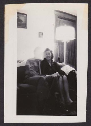 Eerie Soldiers Ghost Sits W/lady On Couch Old/vintage Photo Snapshot - J415