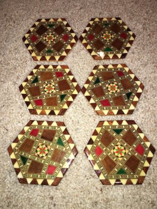 6 Vintage Hand Crafted Wood Marquetry Coasters Taracea Made In Granada Espana