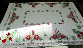 Vintage Poinsettia Candles Holly Bells Christmas Cotton Fabric Table Cloth