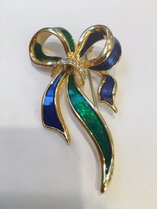 Vintage Gold Tone Blue & Green Bow Brooch Pin With Clear Rhinestones