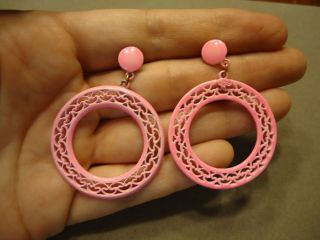 Vintage Vibrant Hot Pink Enamel Filigree Scroll Large Dangle Hoop Post Earrings