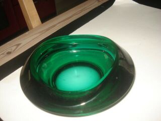 Vintage Emerald Green Heavy Glass Ashtray Unusual Eliptical Shape Vgc