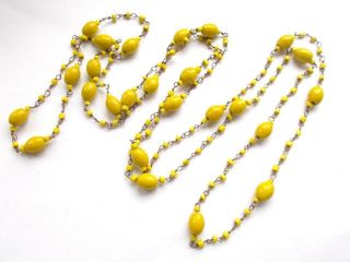 Vintage Art Deco Yellow Venetian Glass Beads Wire Work Beaded Long Necklace