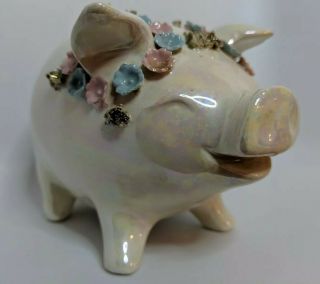 Vintage Lefton Iridescent Piggy Bank Ceramic Applied Flowers Japan Lustreware