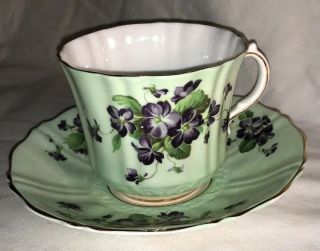 Vintage Old Royal Bone China Tea Cup & Saucer Pale Green W/ Violets & Gold Trim