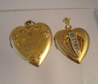 2 Vintage Gold Filled Etched Heart Lockets Pendants Scenic Clear Paste Stones
