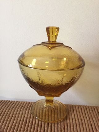 Vintage Mid Century Modern Amber Glass Pedestal Compote Candy Dish With Lid
