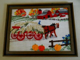 Vintage Hand Embroidered Crewel Needlework / Farm Scene / French Knots