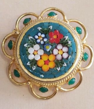 Vintage Micro Mosaic Flower Floral Round Gold Tone Pin/brooch