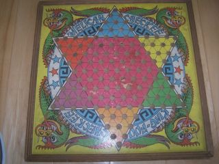 VINTAGE WOOD CHECKER BOARD / back with CHINESE CHECKERS (1938) 14.  5 x 14.  5 2