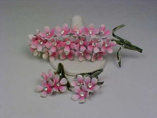 Vintage Goldtone & Pink Enamel & Rhinestone Flower Cluster Brooch & Earrings Set