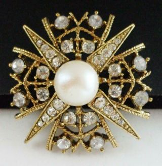 Lovely Vintage Maltese Cross Style Pin Brooch W/rhinestones & Big Faux Pearl