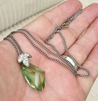 Vintage Jewellery Ornate Lime Crystal Rhinestone Silver Pendant & Chain