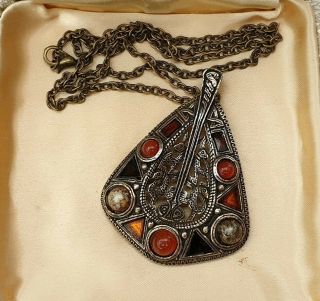 LARGE VINTAGE SIGNED MIRACLE JEWELLERY CELTIC CARNELIAN AGATE GOLD PENDANT CHAIN 2