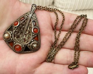 LARGE VINTAGE SIGNED MIRACLE JEWELLERY CELTIC CARNELIAN AGATE GOLD PENDANT CHAIN 4