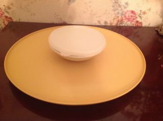 Vintage Tupperware Chip And Dip Serving Platter Plate With Lid In Harvest Gold