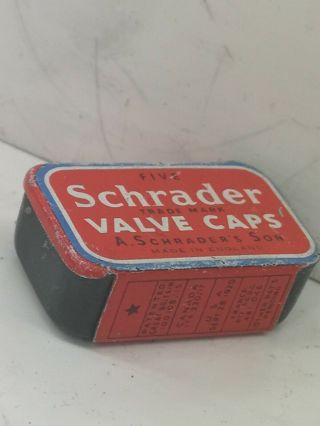 5 X Vintage A Schrader Metal Tyre Valve Caps In Tin Box Classic Car