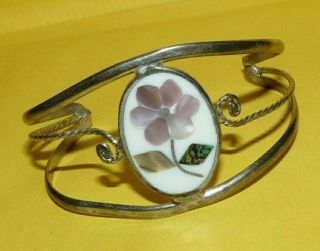 Vtg Designer " Alpaca Mexico " Silver " Flower " Inlay Abalone Design Cuff Bracelet
