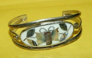 Vtg Designer " Alpaca Mexico " Silver Butterfly Inlay Abalone Design Cuff Bracelet
