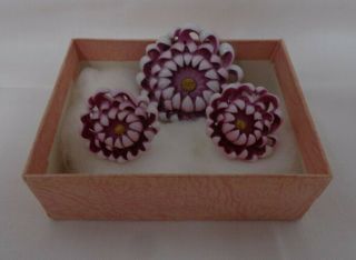 17 Vintage Mid Century Pink White Chrysanthemum Flower Earrings & Brooch Set B3 2
