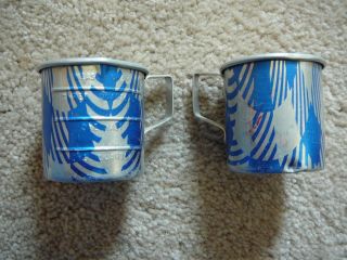 2 - Vintage Toy Metal Doll Size Measuring Cups Blue & Silver - 1 - 3/4 " Tall Good