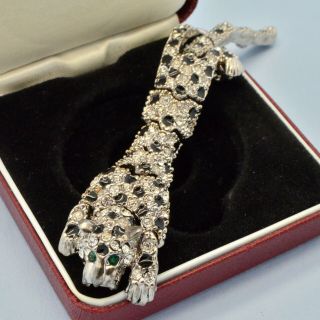 Vintage Leopard Brooch 1980s Black Enamel Crystal Silvertone Bridal Jewellery