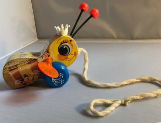 Vintage Fisher Price Queen Buzzy Bee Wood Pull Toy
