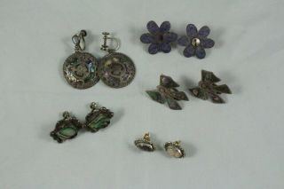 Five Pairs Of Vintage Mexico Mexican Earrings Abalone Crushed Lapis Sterling