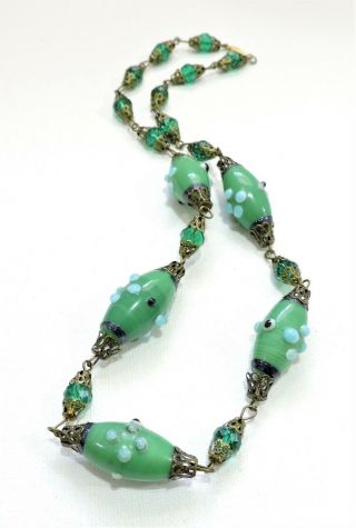 Vintage Green Blue Black White Bumpy Lampwork Art Glass Bead Necklace Jn191220