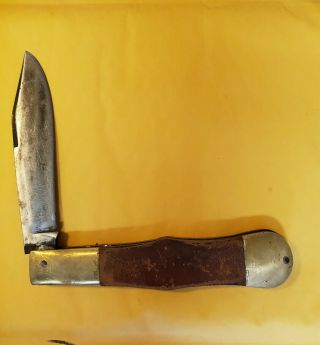 Vintage 5 " Folding Pocket Knife With Leather Handles And Brass Bolsters