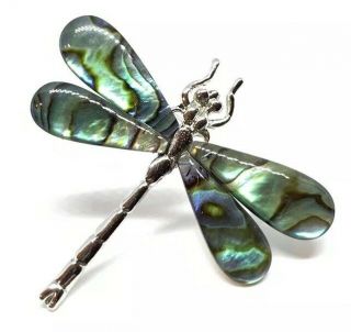 Vintage Abalone Shell Silver Tone Dragonfly Brooch Pin 2”