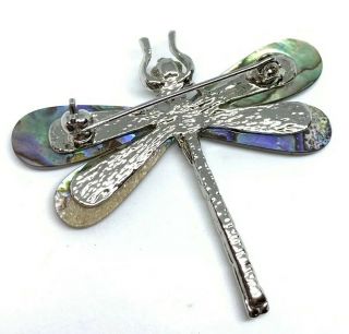 Vintage Abalone Shell Silver Tone Dragonfly Brooch Pin 2” 2