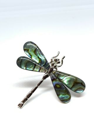 Vintage Abalone Shell Silver Tone Dragonfly Brooch Pin 2” 3