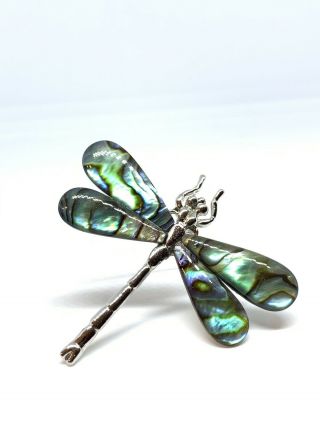 Vintage Abalone Shell Silver Tone Dragonfly Brooch Pin 2” 5