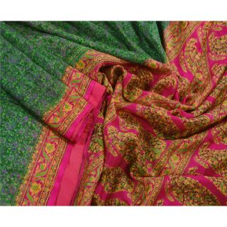 Sanskriti Vintage Green Cultural Saree 100 Pure Silk Printed Fabric Sari Craft 2