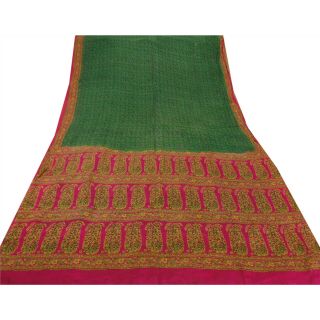 Sanskriti Vintage Green Cultural Saree 100 Pure Silk Printed Fabric Sari Craft 4